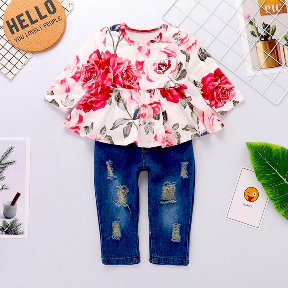 Floral Ruffle L/S Top Distressed Jeans Pink 2 PC